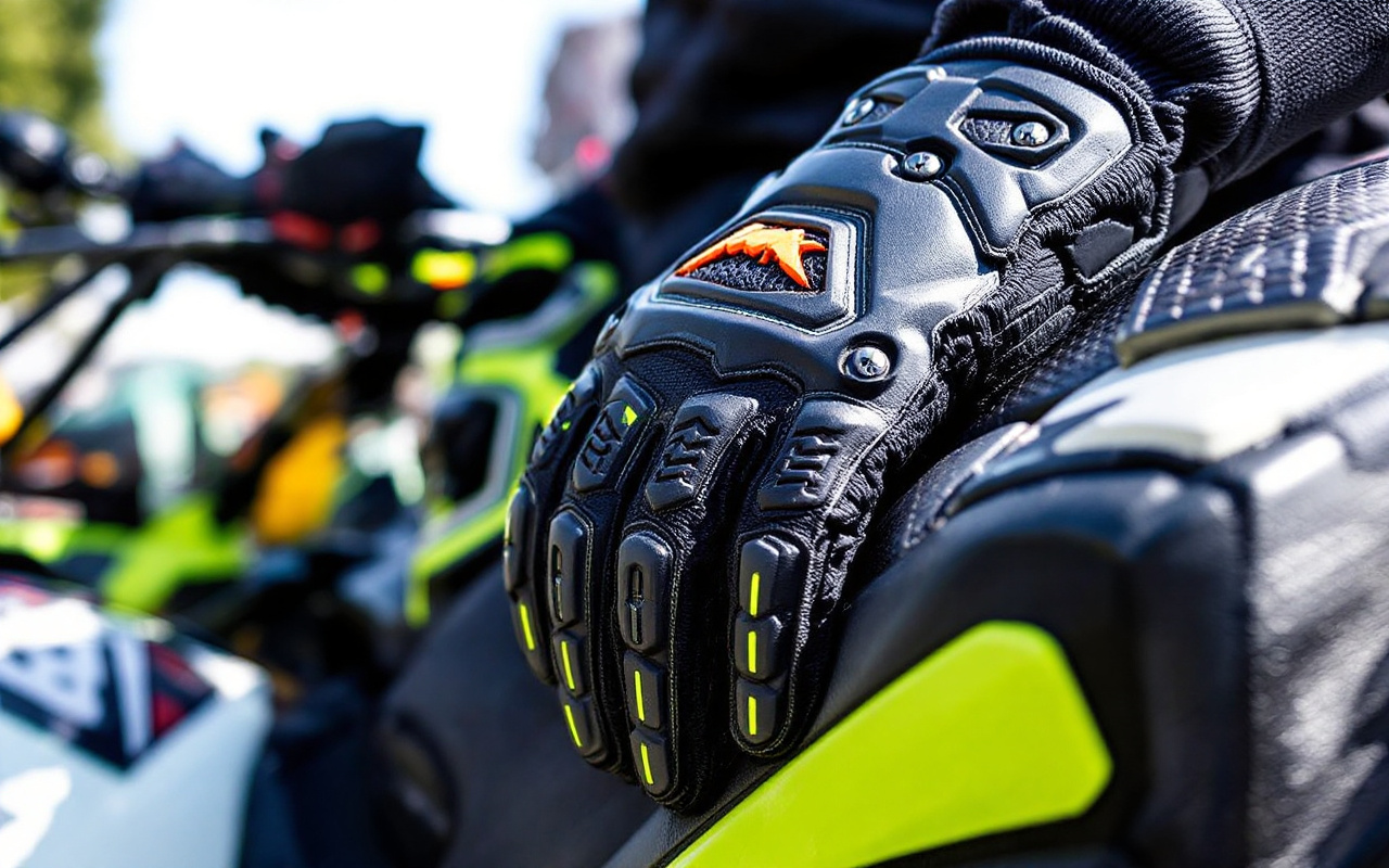 Un gros plan de gants et bottes de protection pour quad, mettant en &eacute;vidence les mat&eacute;riaux durables et la couture pr&eacute;cise, sous la lumi&egrave;re naturelle, avec des couleurs dominantes noir et vert fluo.