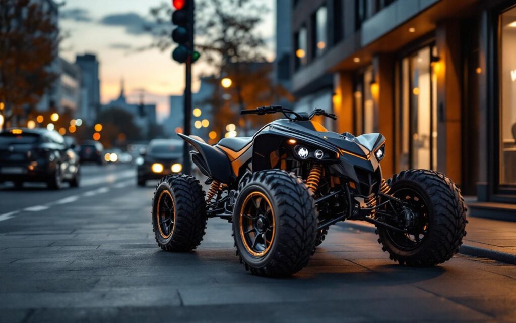 Quad personnalisé au style sportif luxe, teinte sombre avec touches safran, ambiance premium sur une route urbaine à l’heure bleue.