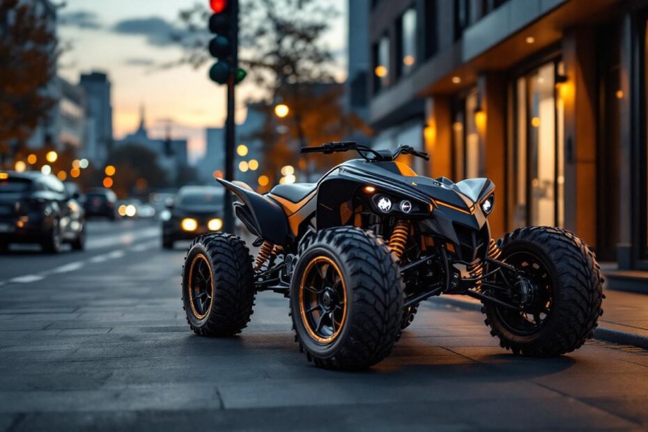 Quad personnalisé au style sportif luxe, teinte sombre avec touches safran, ambiance premium sur une route urbaine à l’heure bleue.