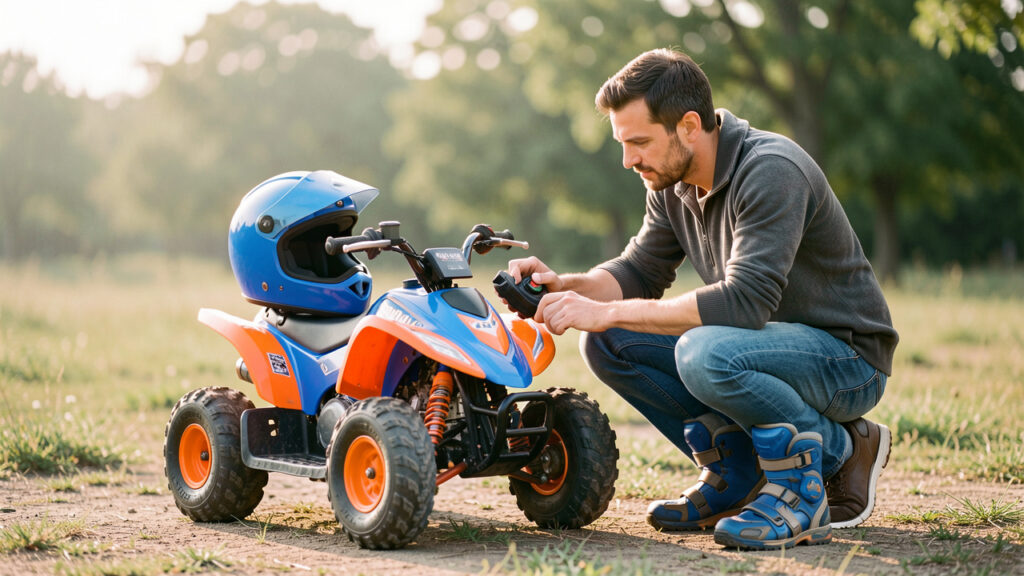 Un petit quad pour enfant entouré d’équipements de protection, tandis qu’un père vérifie les commandes avant une promenade encadrée.