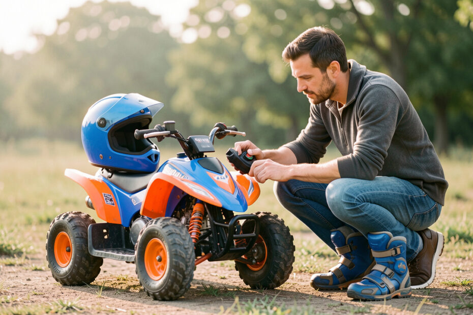 Un petit quad pour enfant entouré d’équipements de protection, tandis qu’un père vérifie les commandes avant une promenade encadrée.