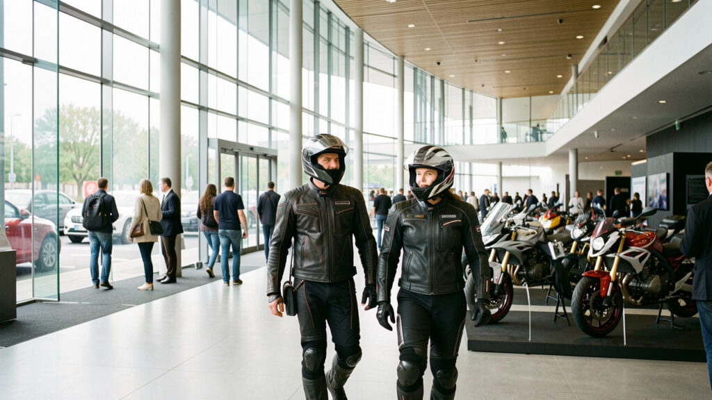 Un homme et une femme équipés pour la moto entrent dans un parc des expositions moderne, avec plusieurs motos présentées en arrière-plan.