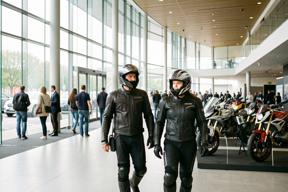 Un homme et une femme équipés pour la moto entrent dans un parc des expositions moderne, avec plusieurs motos présentées en arrière-plan.