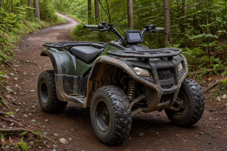 Quad tout-terrain stationné sur un chemin forestier, avec un écran multimédia étanche fixé au guidon sous une lumière naturelle.