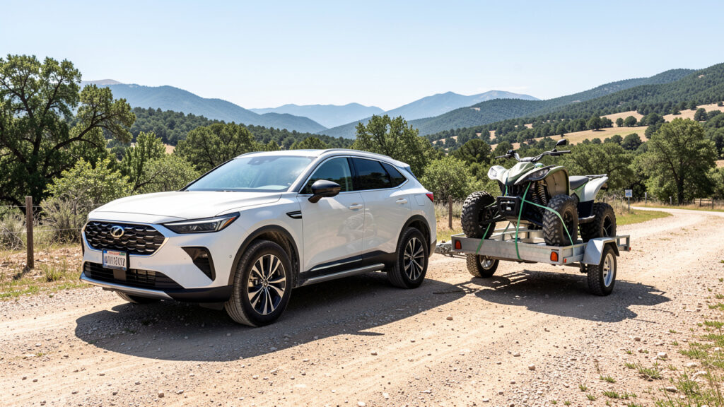 SUV électrique attelé à une remorque transportant un quad adulte sanglé, stationné sur une aire de départ en extérieur sous une lumière matinale éclatante.