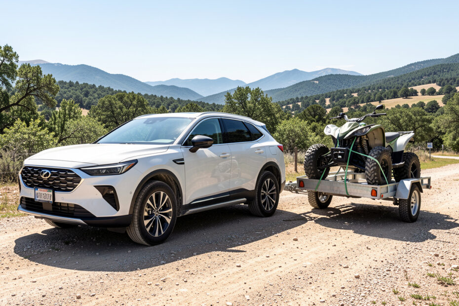SUV électrique attelé à une remorque transportant un quad adulte sanglé, stationné sur une aire de départ en extérieur sous une lumière matinale éclatante.