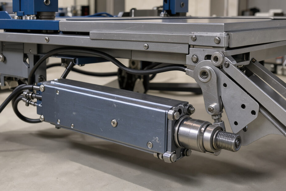 Gros plan sur un vérin électrique compact installé sous une plateforme de mobilité, relié à un bras mécanique réglable dans un atelier propre.